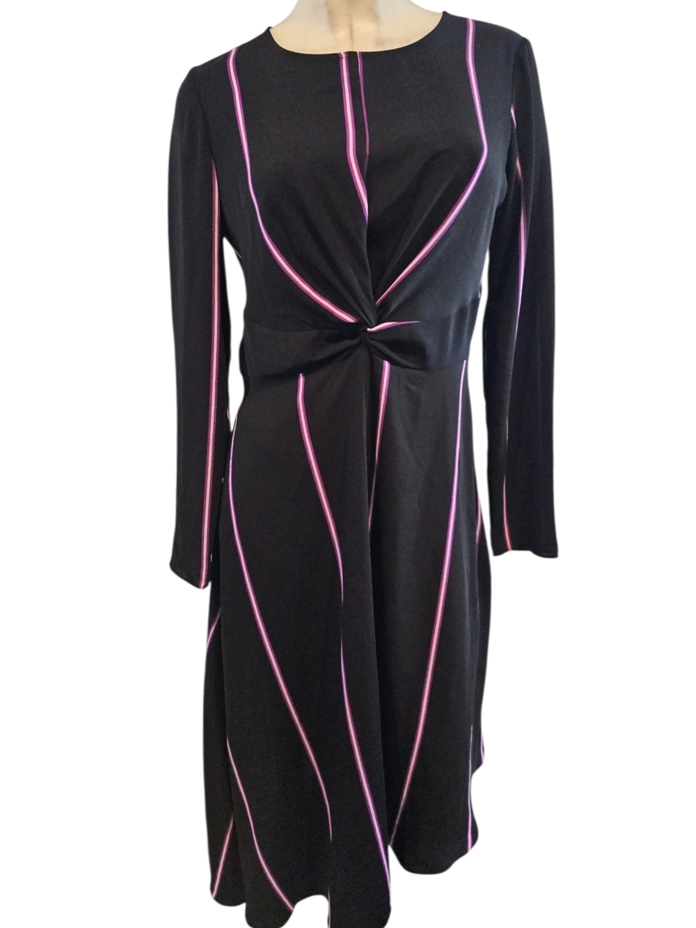 Nine West Size S Dress Asymmetrical Hem Black Purple Stripes Knotted Front Lo